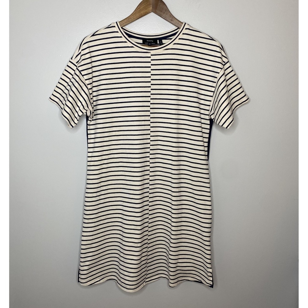 Theory Relaxed Combo Stripe Shift Dress Cream Navy Blue size Medium 100% Cotton